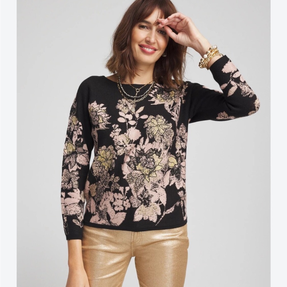 Chico's Black Dolman Sweater Pink and Gold Foil Lace Floral NWT